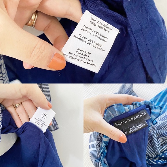 Hemant & Nandita Susan Indigo Dress Long Sheer Sleeve Gorgeous Mixed Boho Print - Picture 9 of 15